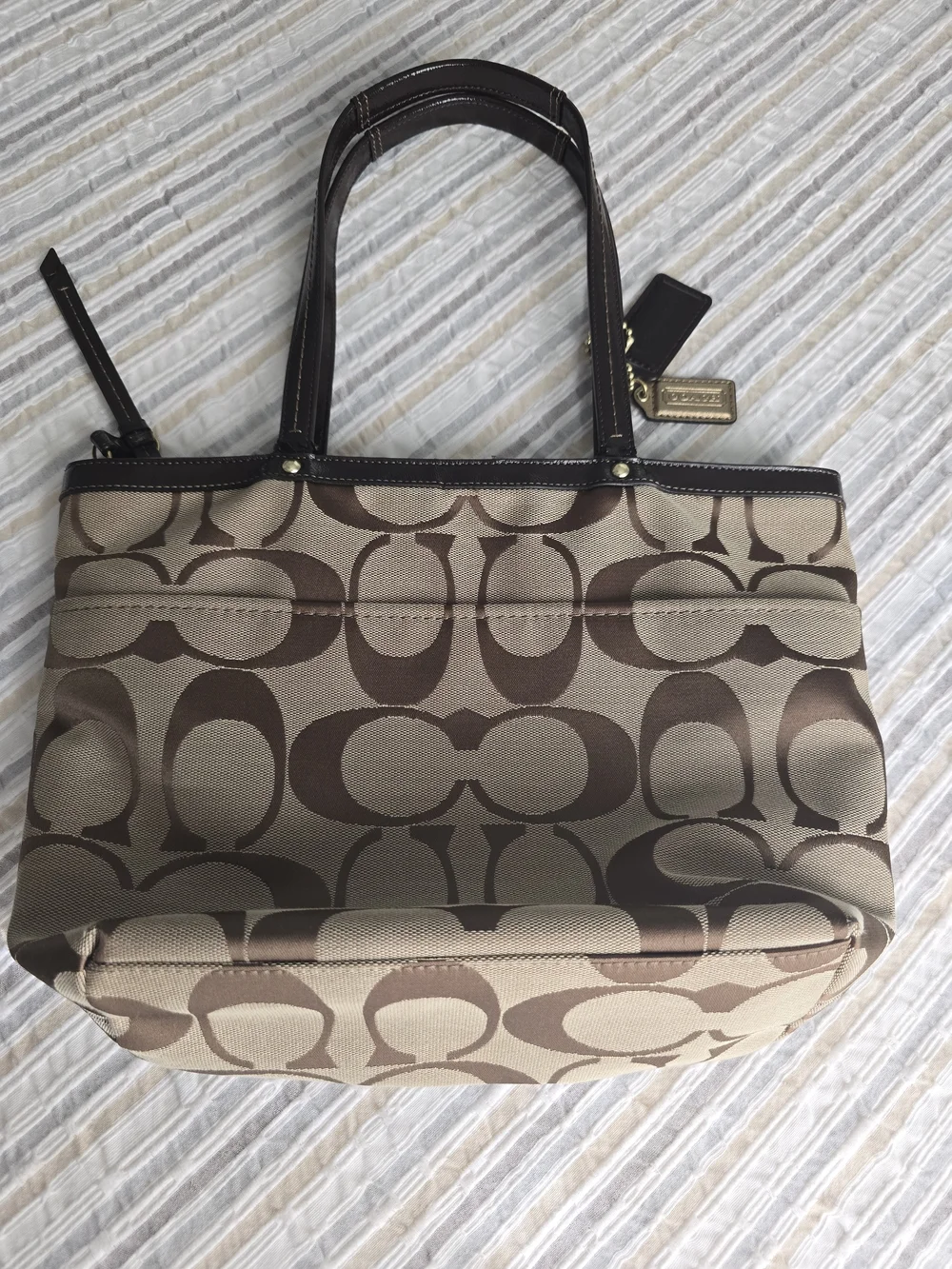 Coach Beige and Brown Signature Canvas Tote with Dark Brown Trim